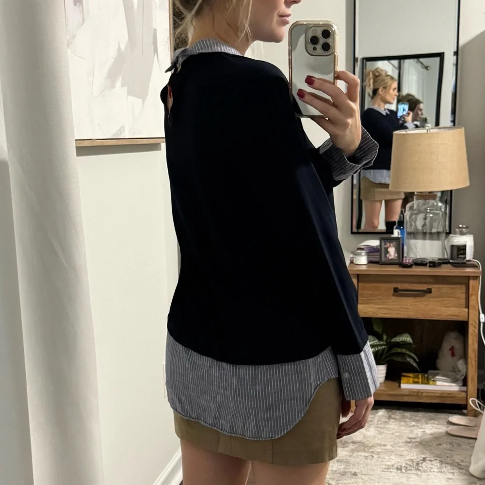 Navy Preppy Style Blouse / Attached Pin Stripe Sleeves & Collar - Picture 3 of 11